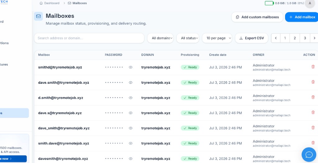 MailAPI mailboxes dashboard